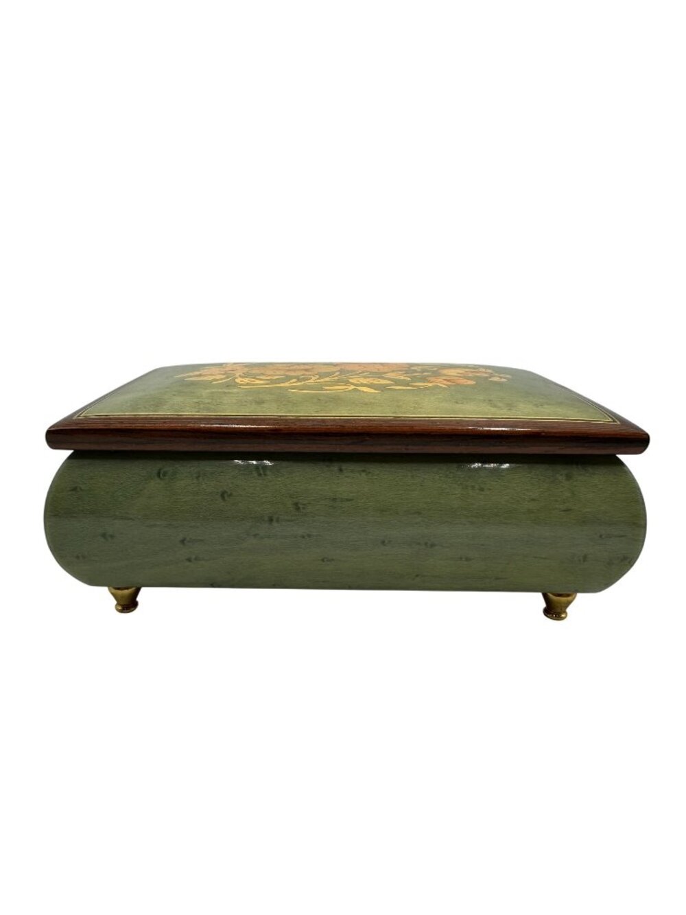 Reuge Swiss Musical Wooden Jewelry Box Green Floral Inlay Canon Pachelbel